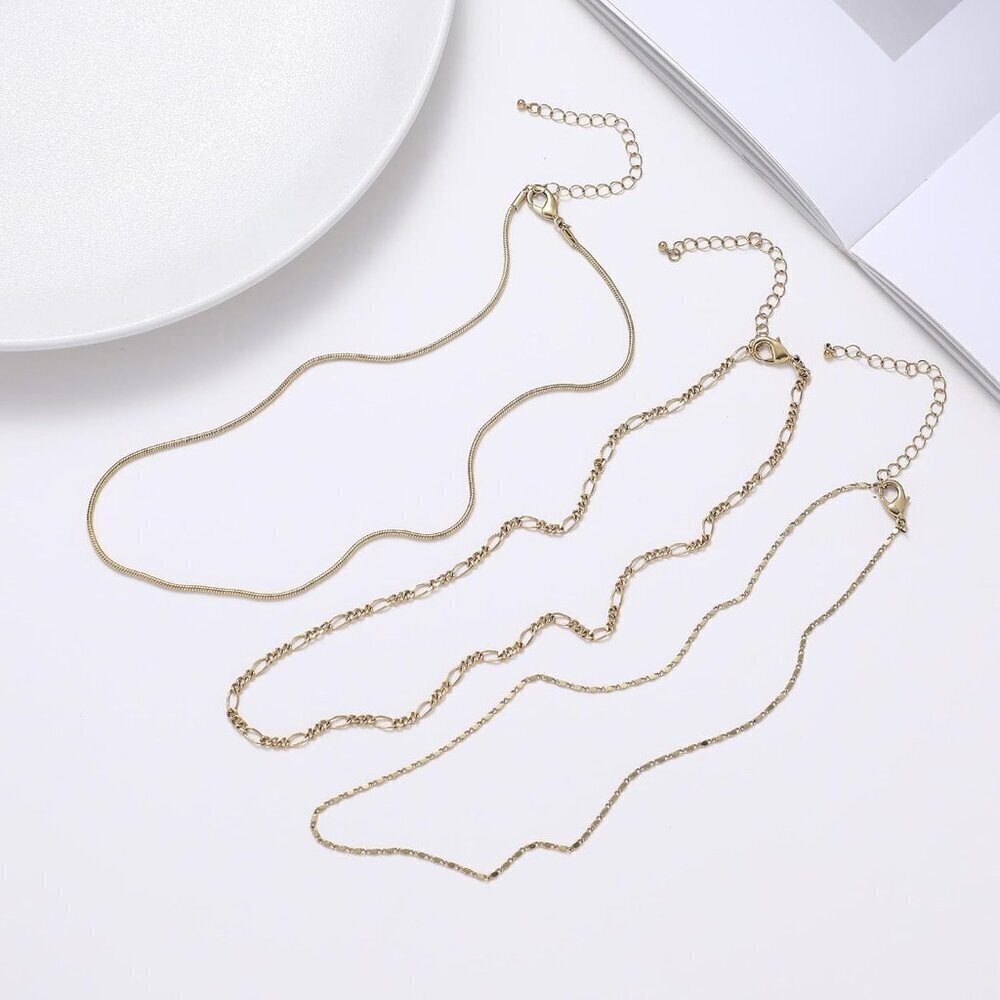 Gold Necklaces Stack 3pcs Brass Dainty Layered Waterproof for Women - Picture 2 of 9